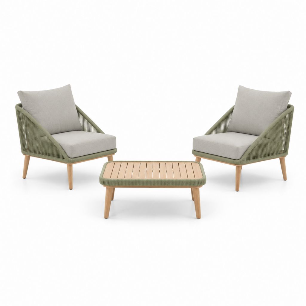 Gartenlounge Set 3-teilig Olivgrün Beige mit Aluminiumrahmen und Akazienholz 2 Sessel 70 x 75 x 75 cm Tisch 90 x 55 x 42 cm
