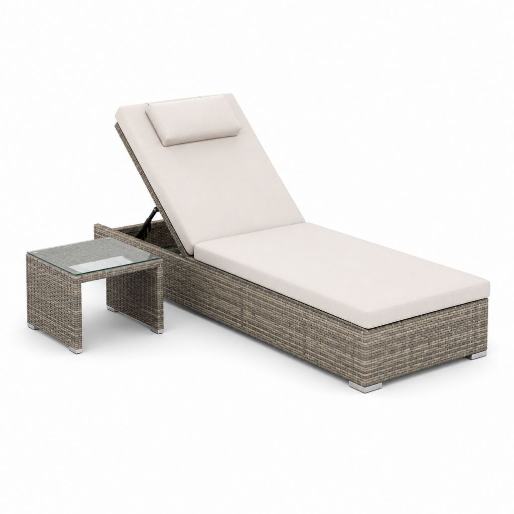 2-teiliges Gartenliegen Set Beige PE-Rattan mit verstellbarer Rückenlehne 195 x 65 x 32 cm und Beistelltisch