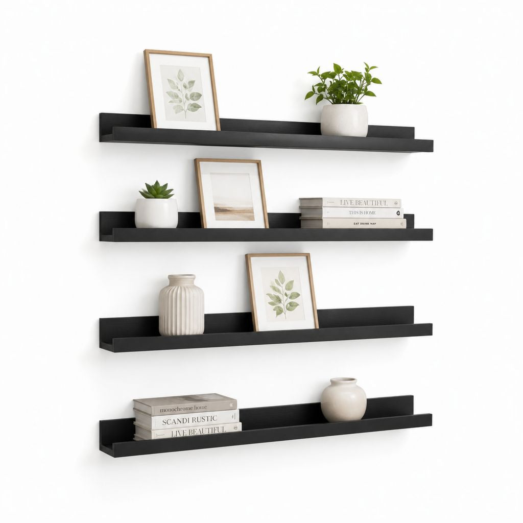 4er Set Bilderleisten Wandregale Schwarz MDF 80 x 10 x 7.5 cm