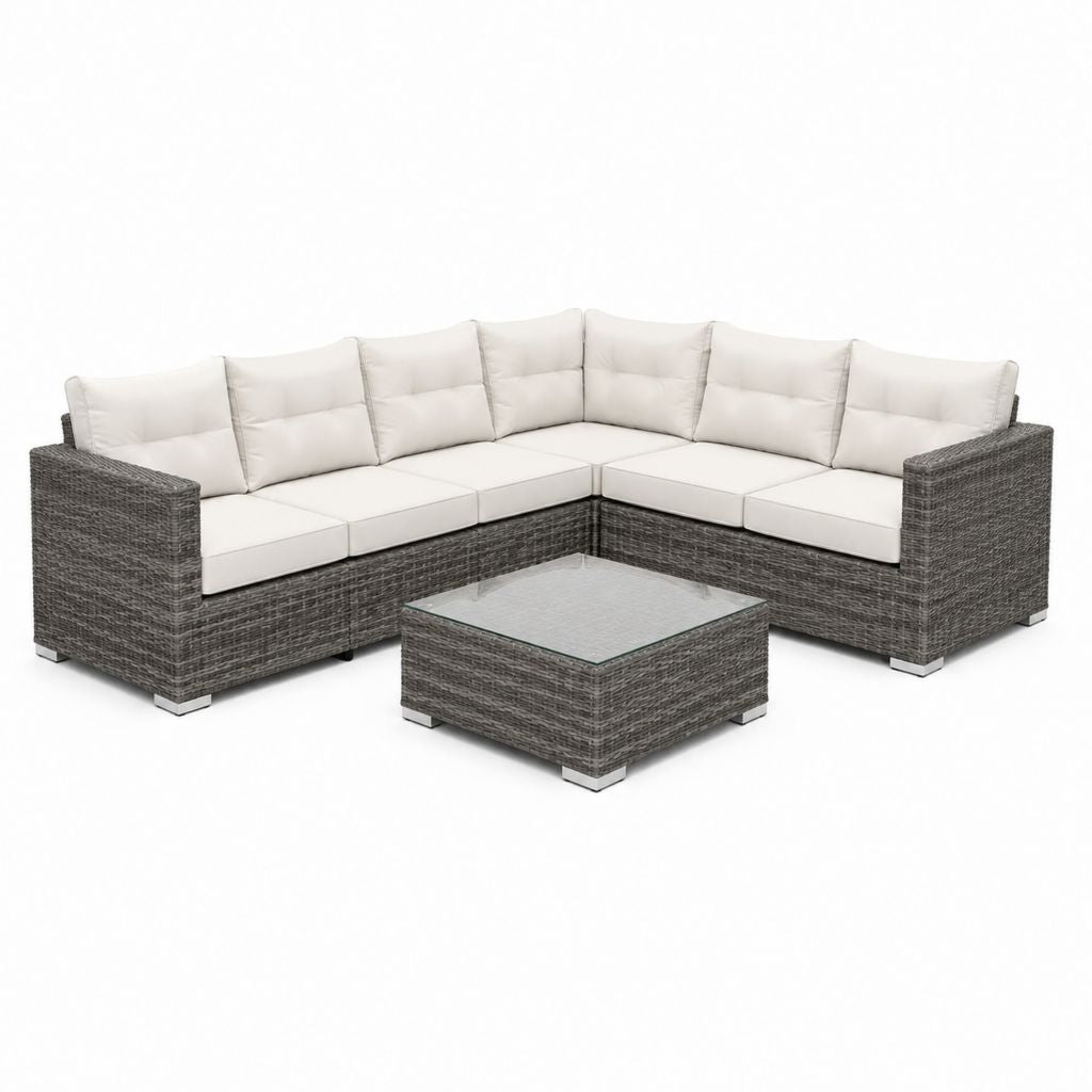6-Sitzer Gartenlounge Ecksofa Set Grau PE-Rattan mit Glastisch 220 x 220 x 83 cm