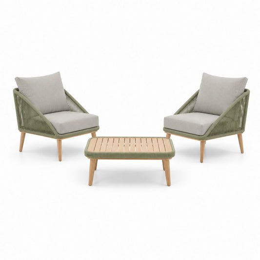 Gartenlounge Set 3-teilig Olivgrün Beige mit Aluminiumrahmen und Akazienholz 2 Sessel 70 x 75 x 75 cm Tisch 90 x 55 x 42 cm