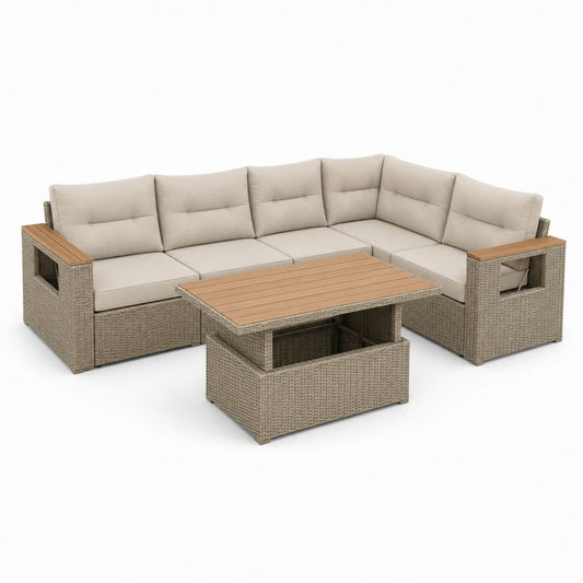 Gartenlounge Set Ecksofa mit Tisch Beige Polyrattan 220 x 220 cm