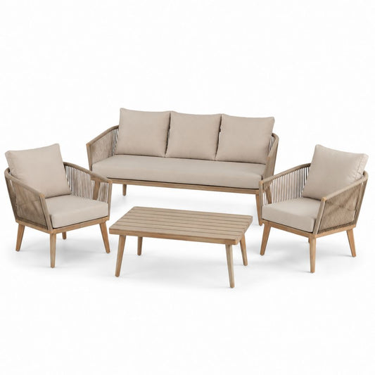 4-teiliges Gartensofa-Set Beige aus Akazienholz mit PP-Seilgeflecht 3-Sitzer 2 Sessel Couchtisch 178 x 75 x 78 cm