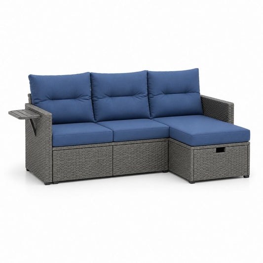 Gartensofa Ecksofa 3-Sitzer mit Liegefläche Blau Polyrattan Stahl 195 x 130 x 85 cm