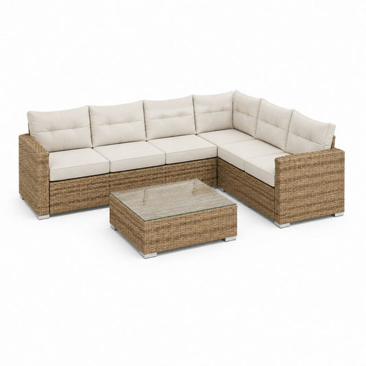 5-Sitzer Gartenlounge Ecksofa-Set Natur PE-Rattan mit Glastisch 265 x 195 cm