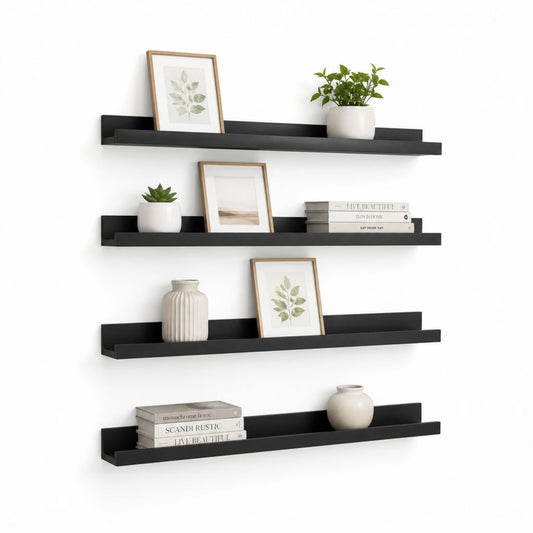4er Set Bilderleisten Wandregale Schwarz MDF 80 x 10 x 7.5 cm