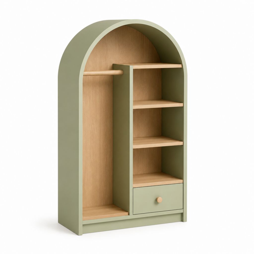 Regal mit Kleiderstange Schublade und 4 Ablagen Salbeigrün Eiche MDF Bogenform 80 x 40 x 160 cm