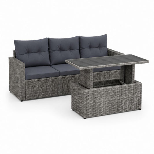 Gartensofa Set Grau PE-Rattan Rechteckig 2-teilig Sofa 176 x 70 x 74 cm Tisch 120 x 60 x 45-65 cm