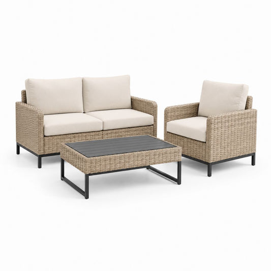 Gartenmöbel-Set 3-teilig Beige PE-Rattan mit 2-Sitzer Sofa Sessel und rechteckigem Couchtisch 100 x 55 x 45 cm
