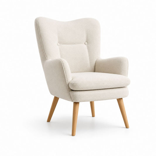 Ohrensessel Creme mit Bouclébezug aus Polyester und Massivholzbeinen 74 x 83 x 102 cm