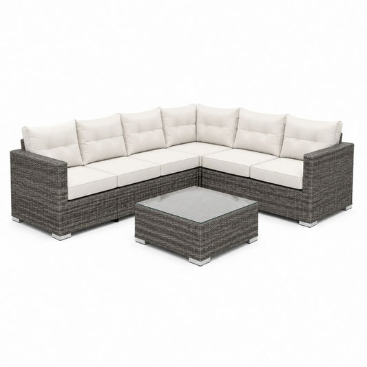 6-Sitzer Gartenlounge Ecksofa Set Grau PE-Rattan mit Glastisch 220 x 220 x 83 cm