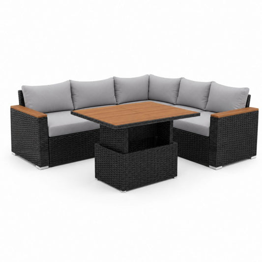 Gartenlounge Set in L-Form Schwarz Grau aus PE-Rattan und Akazienholz 200 x 200 x 65 cm
