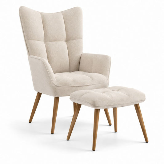 Ohrensessel Set mit Hocker Beige Polyester Webstoff Massivholz 72 x 80 x 105 cm
